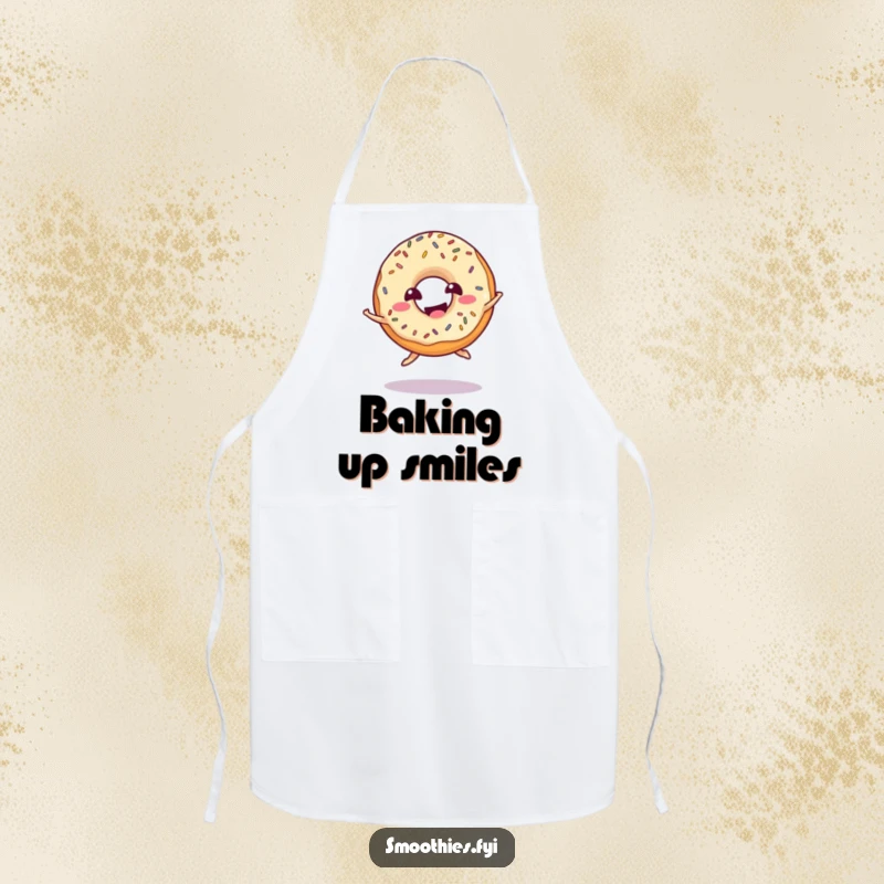 Funny donut apron for baking, featuring a giggling donut with sprinkles doing a playful jump, great for kitchen fun.