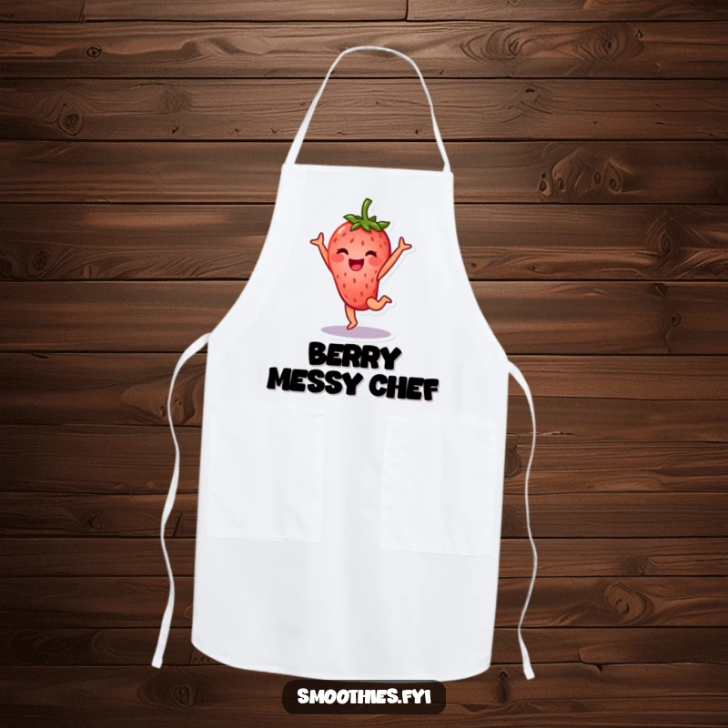 Funny strawberry character apron performing a cartwheel with a grin, energetic and humorous kitchen wear.