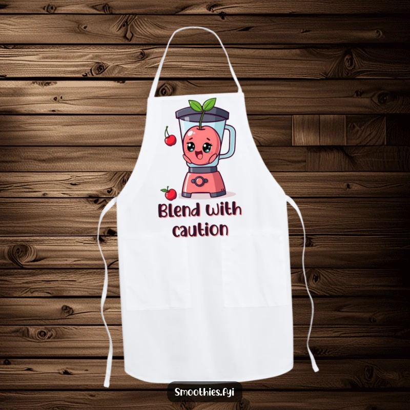 Funny surprised cherry character popping out of a blender on a kitchen apron, adding humor to cooking tasks.