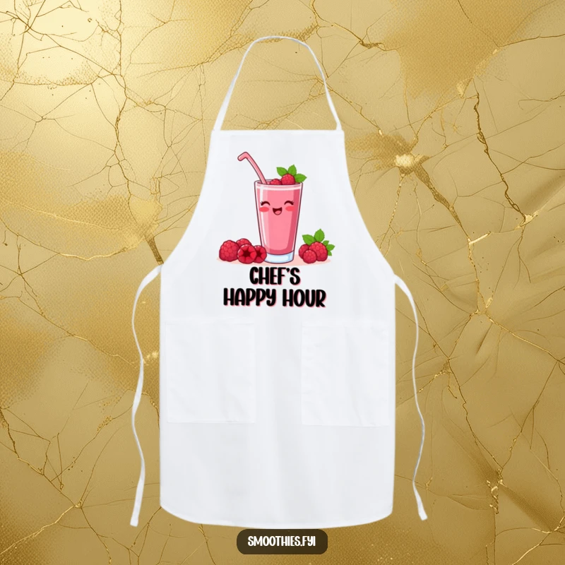 Funny raspberry smoothie apron with a contented character raising a glass, ideal for festive cooking.