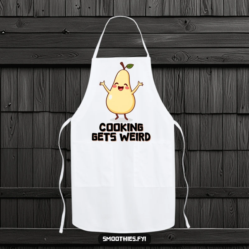 Funny apron showcasing a smiling pear doing a silly dance with flailing arms, practical kitchen wear with a humorous design.