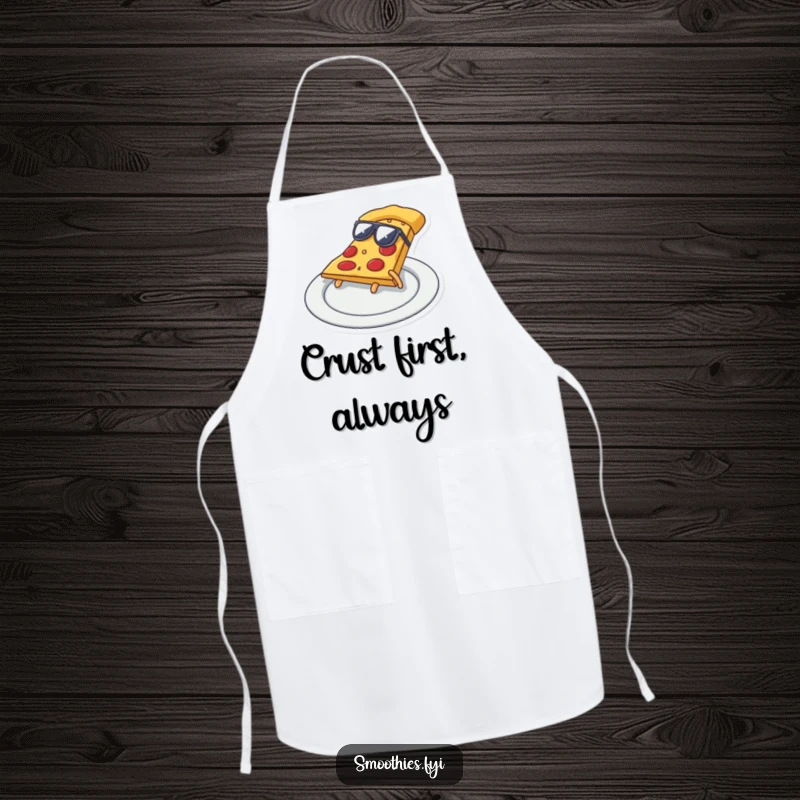 Funny pizza slice in sunglasses doing a cool slide across a plate, a humorous and practical kitchen apron.