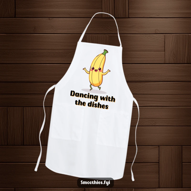 Funny Kawaii Banana Peel Apron featuring a character doing a silly dance. Adds humor to kitchen duties.