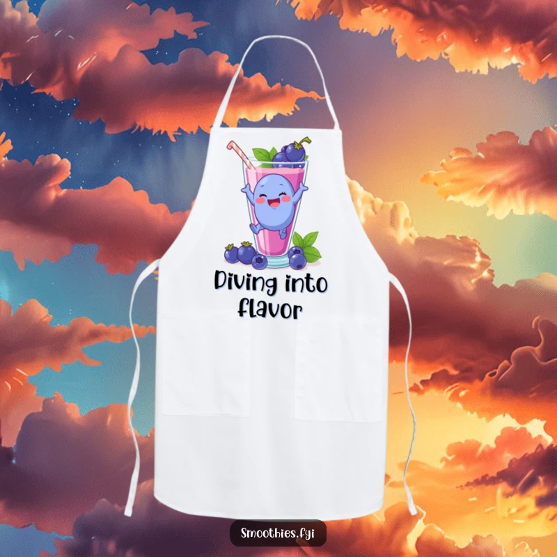 Funny plump blueberry character delightedly leaping into a giant smoothie glass, on a kitchen apron.