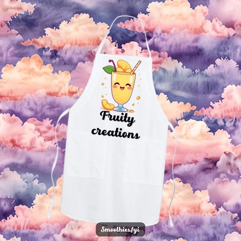 Funny apron with a whimsical mango smoothie character spinning with delight, perfect for adding a touch of playful fun to cooking.