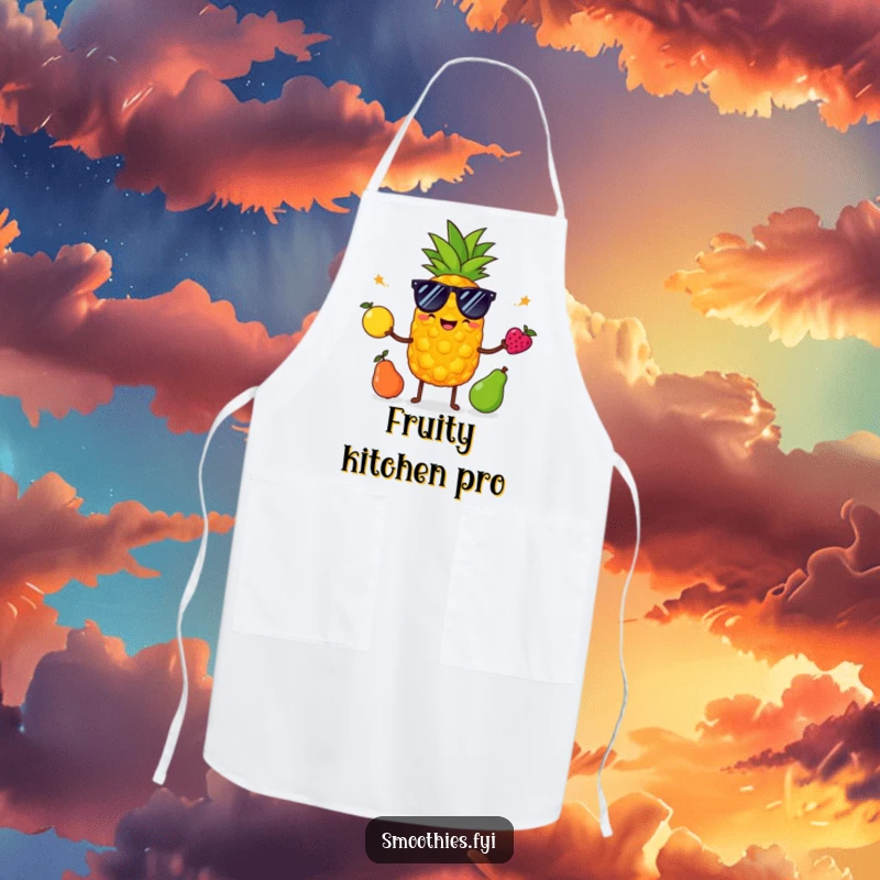 Funny pineapple in sunglasses juggles fruit on a kitchen apron, suggesting a fun, mess-free, and humorous cooking experience.