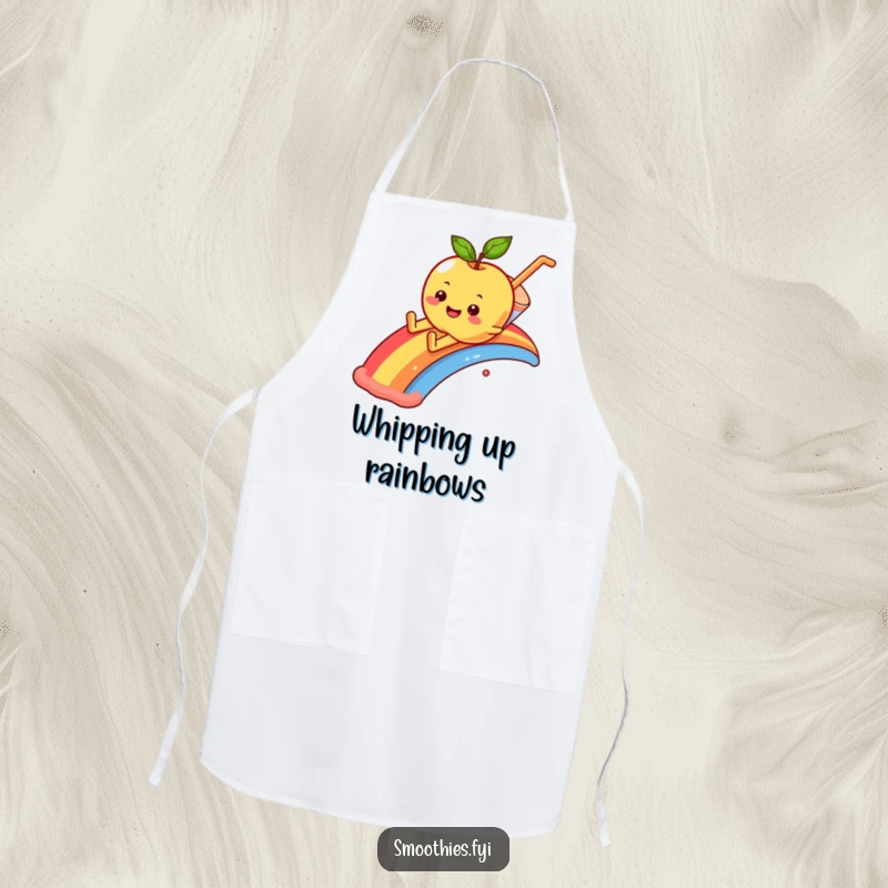 Funny smiling apple character playfully sliding down a rainbow into a smoothie, on a kitchen apron.