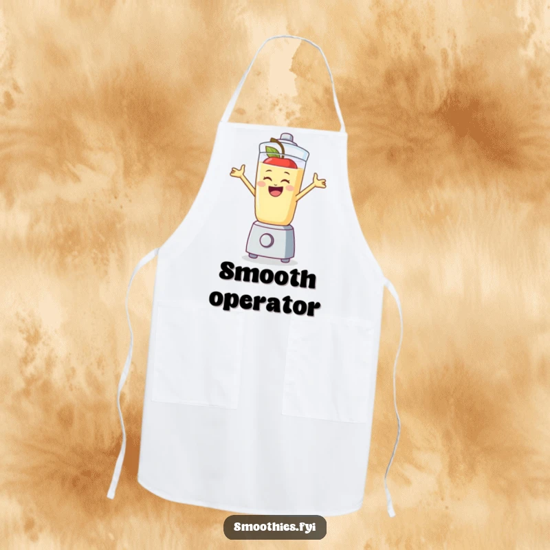 Funny apple smoothie character gleefully jumping inside a blender, a practical and humorous apron for the kitchen.