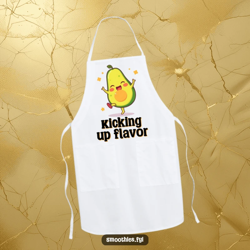 Funny apron featuring a gleeful avocado character performing a powerful high kick, perfect for humorous cooking.