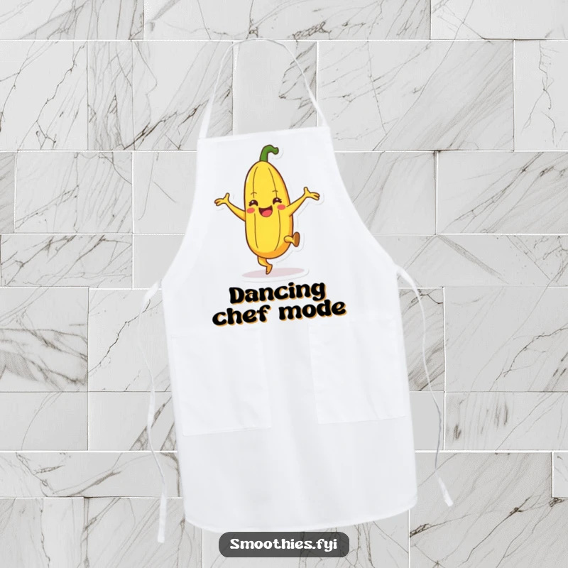 Funny happy banana character apron doing a silly dance with leg kicks, humorous and practical kitchen wear.