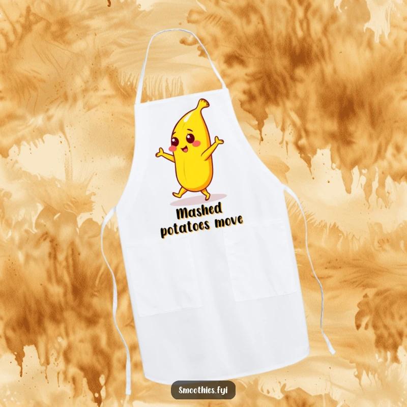 Funny apron featuring a yellow banana character in a playful dance, designed for cooks who enjoy adding humor and liveliness to their kitchen.