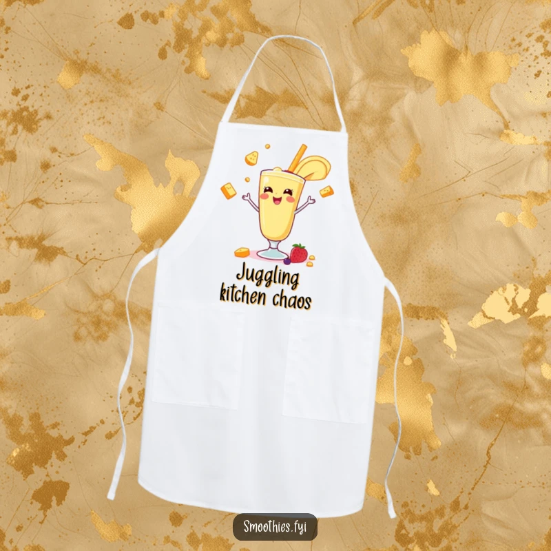 Funny banana smoothie juggling fruits while wearing a chef apron, showing off culinary flair and humor. A funny kitchen gift.