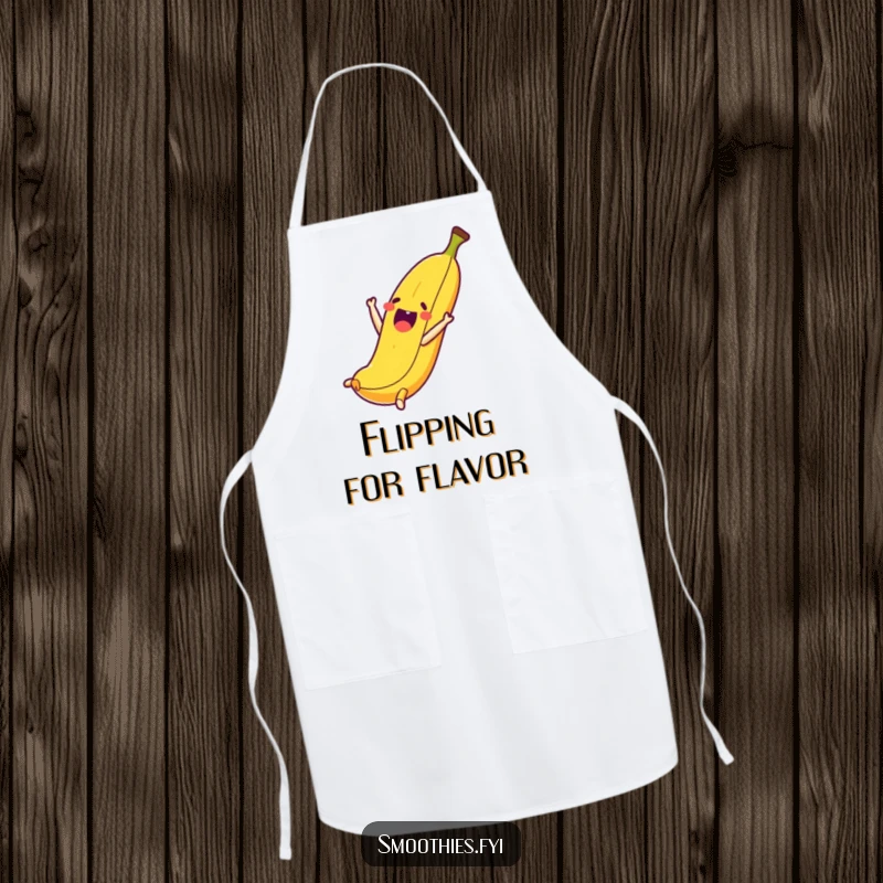 Funny apron featuring a thrilled banana character performing a playful somersault, ideal for humorous cooking.