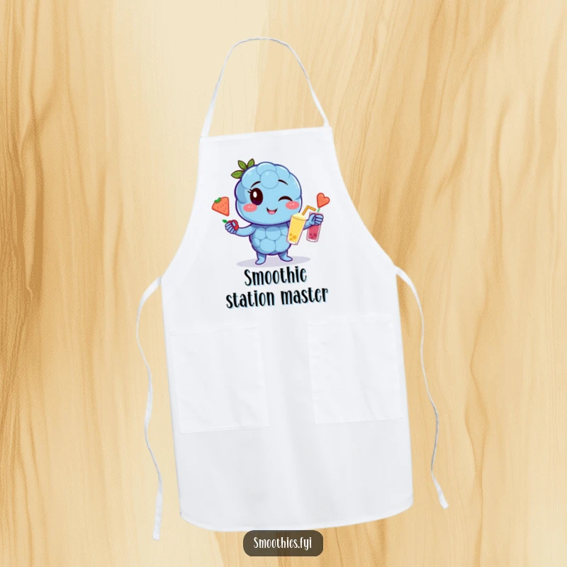 Funny winking blueberry character apron juggling fruit smoothies, humorous and practical kitchen wear.