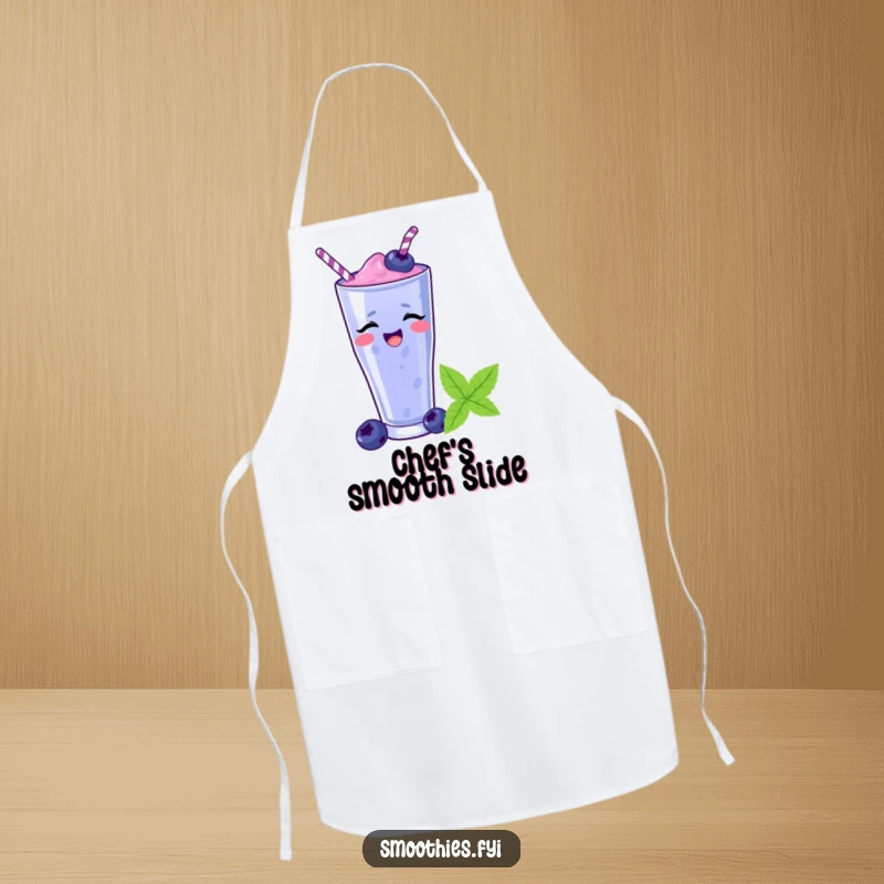 Funny blueberry smoothie sliding down a straw on a chef apron, adding humor and protection in the kitchen. A funny cooking gift.