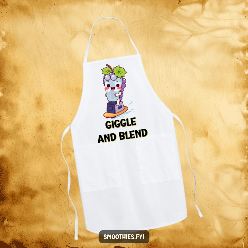 Funny giggling grape bunch character riding a tiny blender surfboard, ready to cook with humor.
