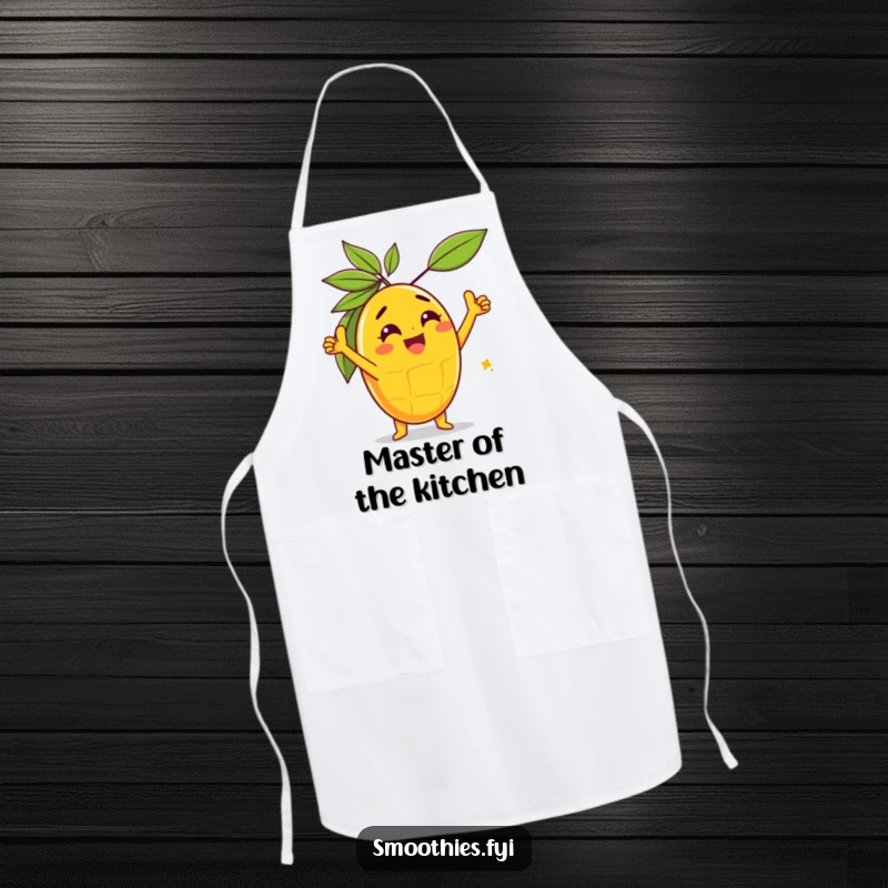 Funny gleeful mango character in a triumphant pose on a kitchen apron, adding humor to cooking.