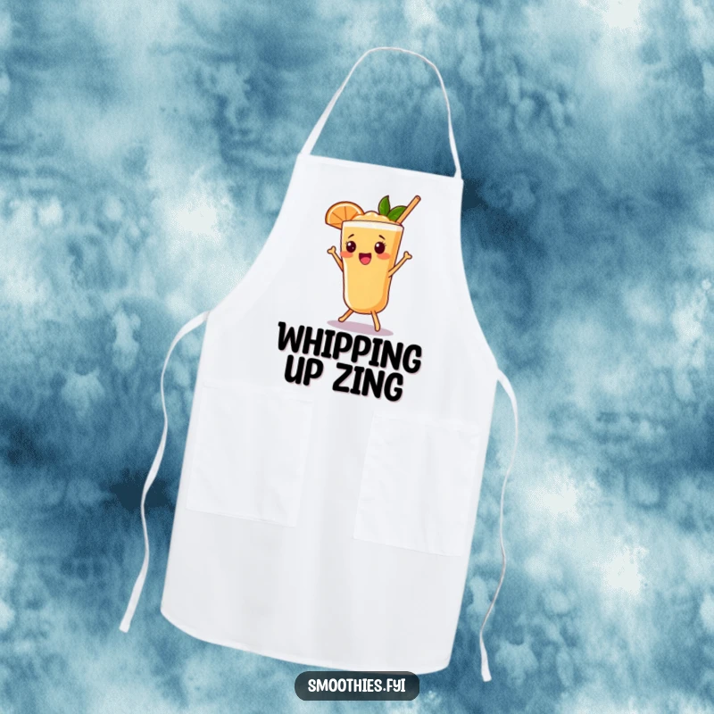 Funny grapefruit smoothie apron with a beaming character doing a happy shimmy, ideal for cooking fun.
