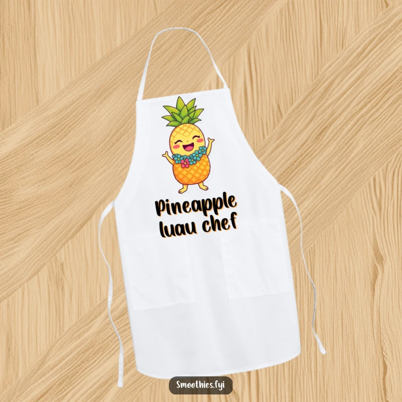 Funny laughing pineapple character apron with lei doing the hula, humorous and practical tropical wear.