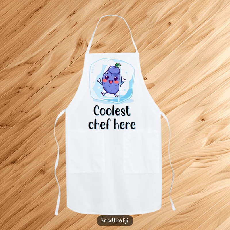 Funny Kawaii Blueberry Apron showing a character hopping in an ice cube. Adds cool humor to kitchen tasks.