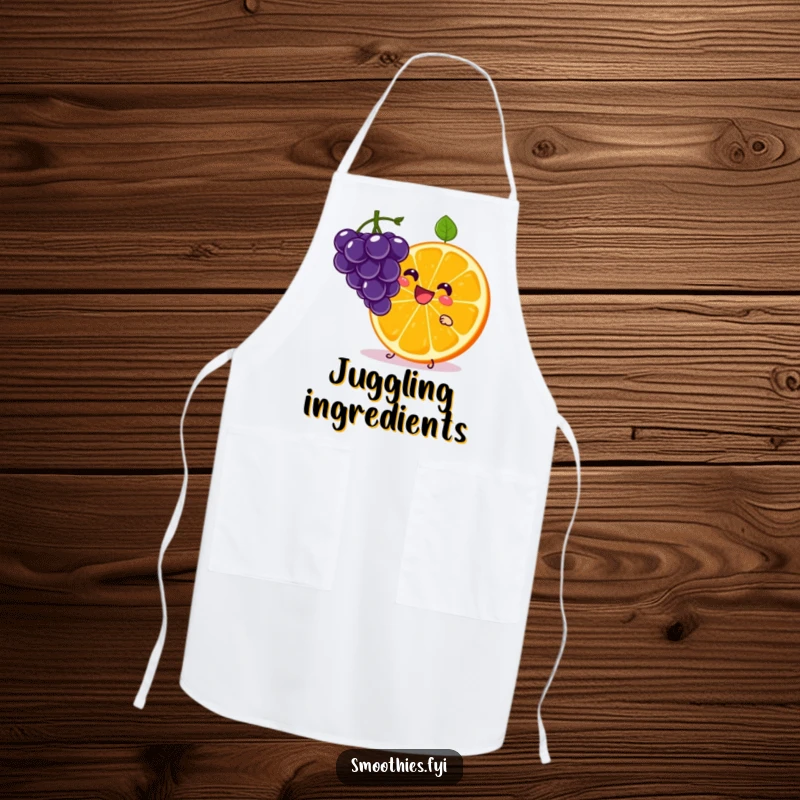 Funny Kawaii Orange Slice Apron showing a character juggling grapes with a grin. Adds zest and humor to kitchen tasks.