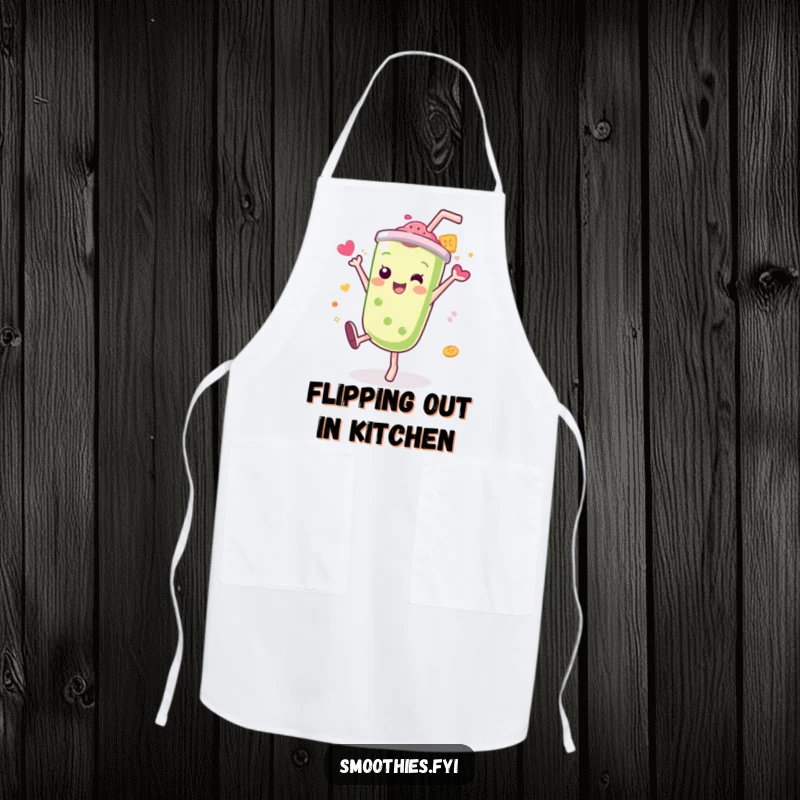 Funny Kawaii smoothie apron, character performing a cartwheel with a splash of flavor, kitchen wear with energetic humor.