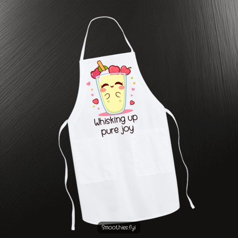 Funny Kawaii smoothie apron, character doing a lively fruity delight spin, kitchen wear with humorous design.