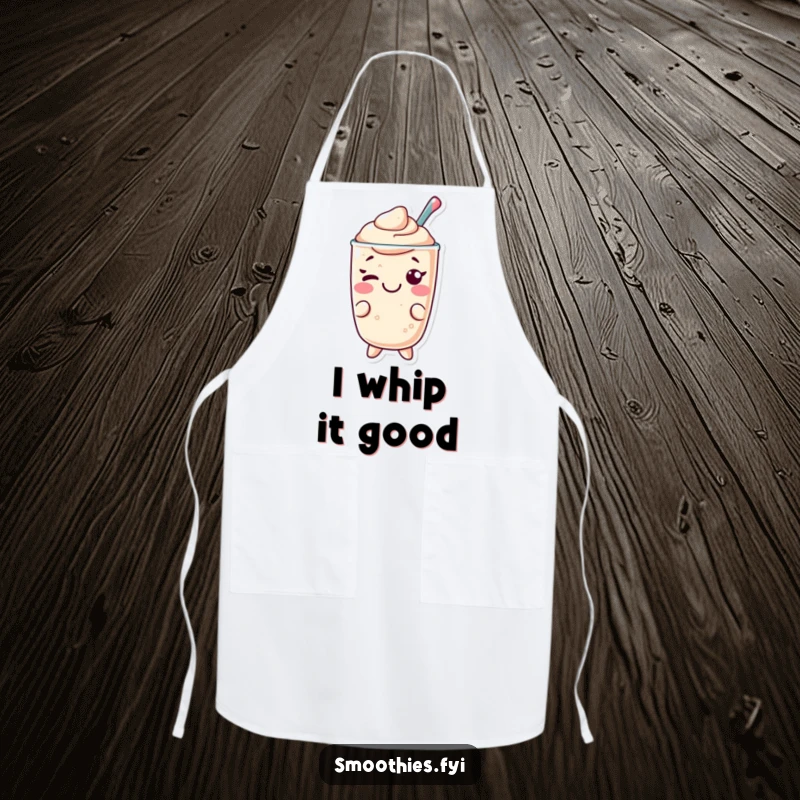 Funny Kawaii smoothie apron, cheerful character giving a playful wink, kitchen wear that adds humor.