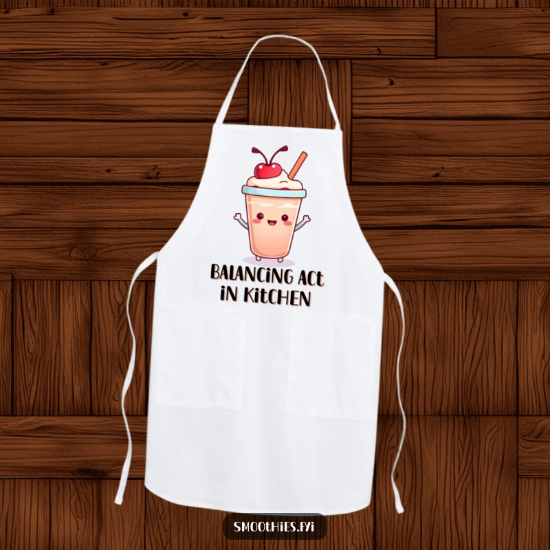 Funny Kawaii Smoothie Cup Apron with a cheerful character bouncing a cherry, adding humor and charm to kitchen duties.