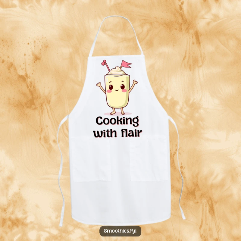 Funny apron with a dancing kawaii smoothie character waving a tiny flag, ideal for humorous and festive kitchen tasks.