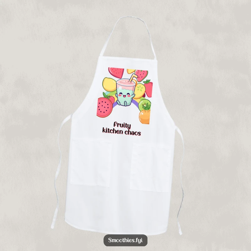 Funny Apron: A giggling Kawaii smoothie slides down a fruit rainbow, bringing fun to the kitchen.