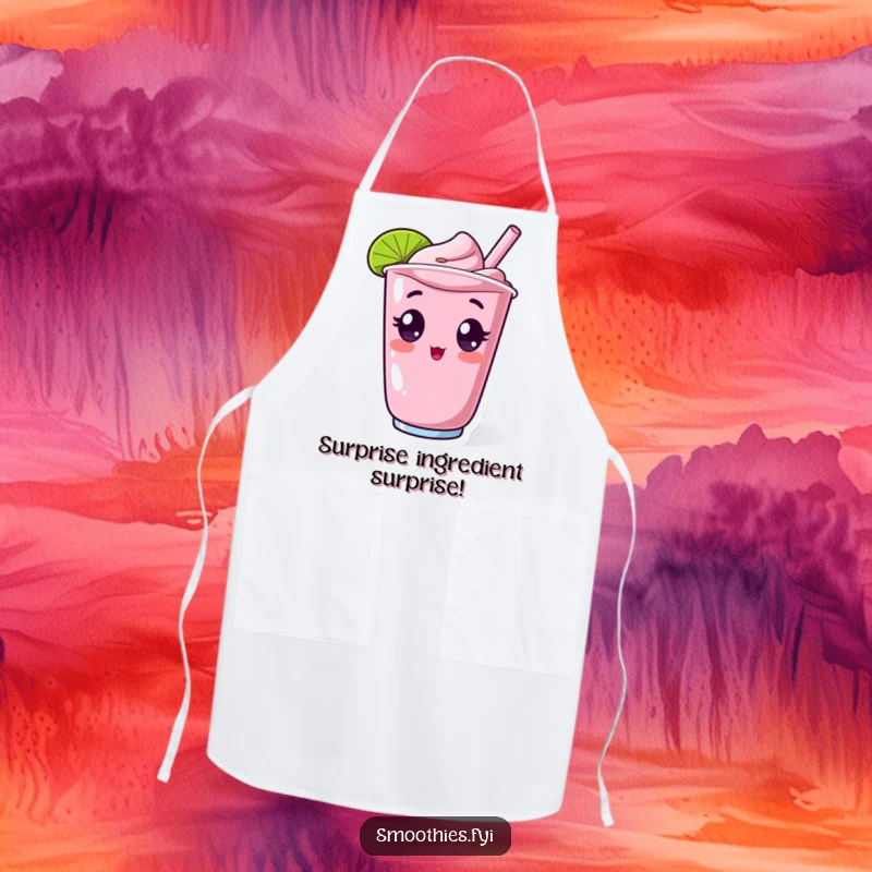 Funny apron with a surprised kawaii smoothie character, wide-eyed and popping out of a cup, ideal for humorous kitchen tasks.