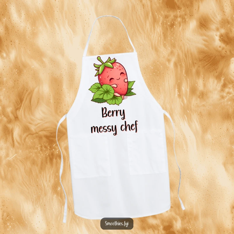 Funny Kawaii Strawberry Apron featuring a cute character tripping playfully. Adds charm and humor to kitchen tasks.