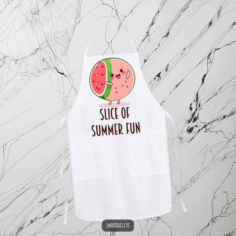 Funny kawaii watermelon slice apron, smiling and doing a cartwheel, a humorous and practical kitchen essential.