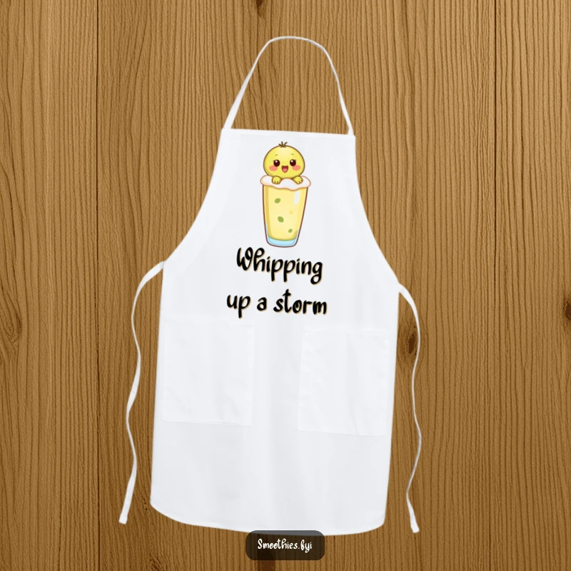 Funny kiwi character riding a smoothie, ready for kitchen duty on a humorous apron.