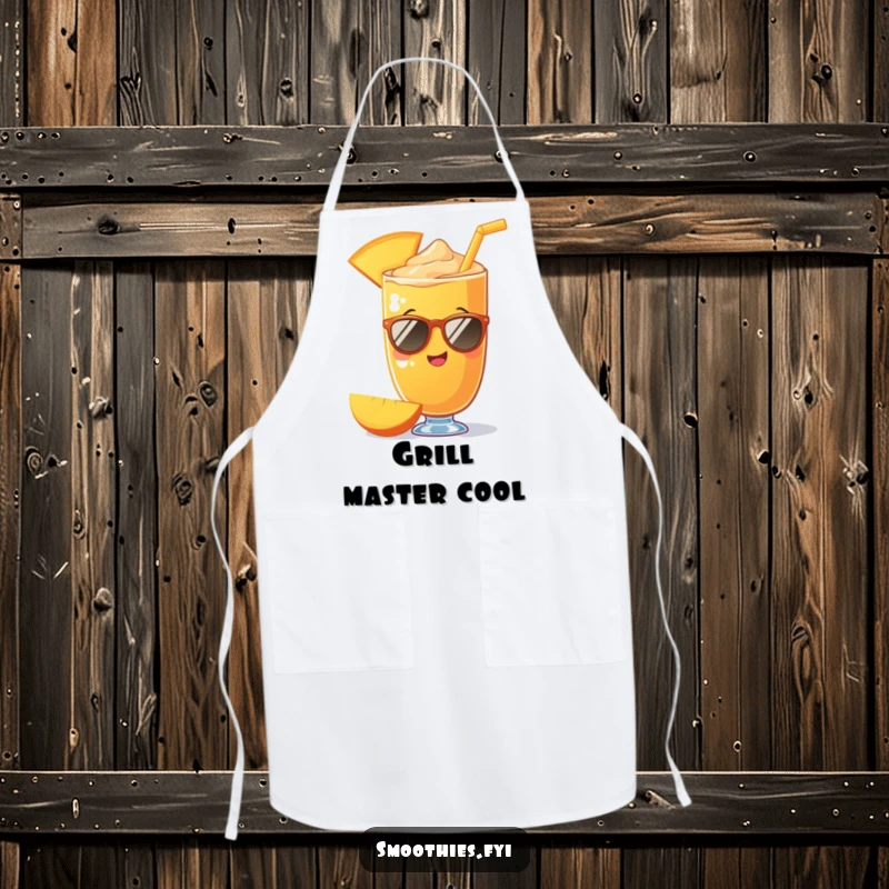 Funny mango smoothie wearing sunglasses on a chef apron, adding humor and protection in the kitchen. A funny cooking gift.
