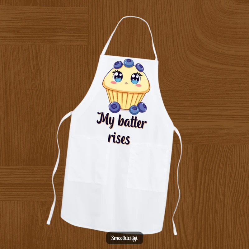 Funny Blueberry Muffin Apron showcasing a surprised muffin with wide eyes, floating upwards, great for cooking.