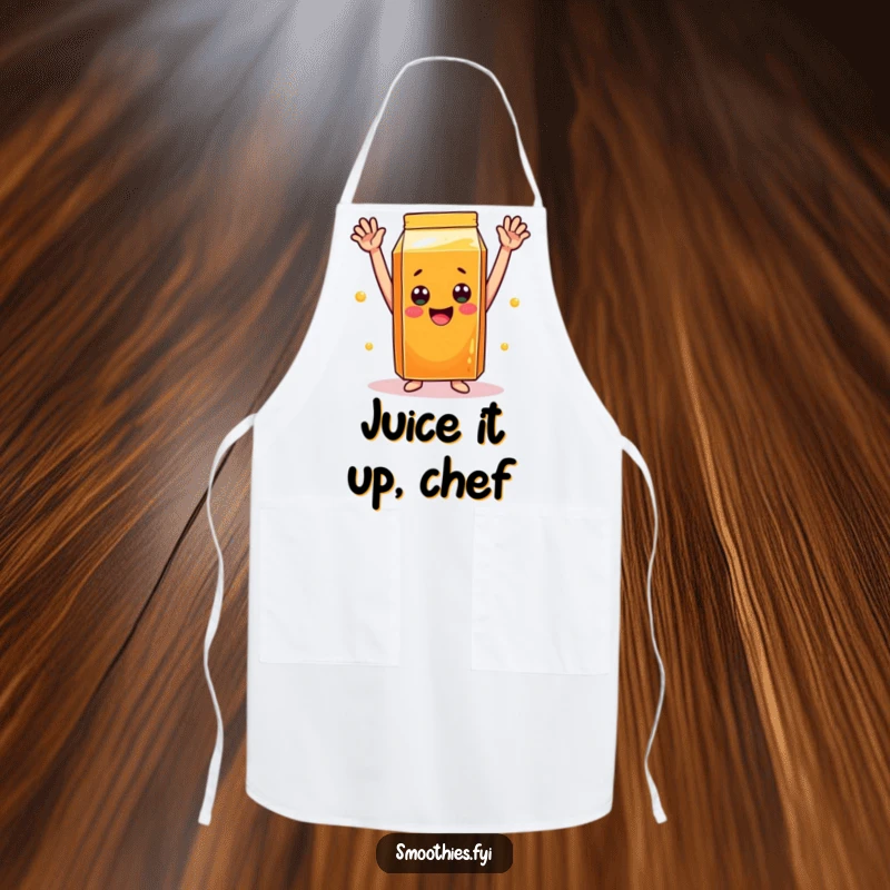 Funny orange juice carton apron for cooking, featuring a cheerful carton with arms raised in celebration, great for kitchen fun.
