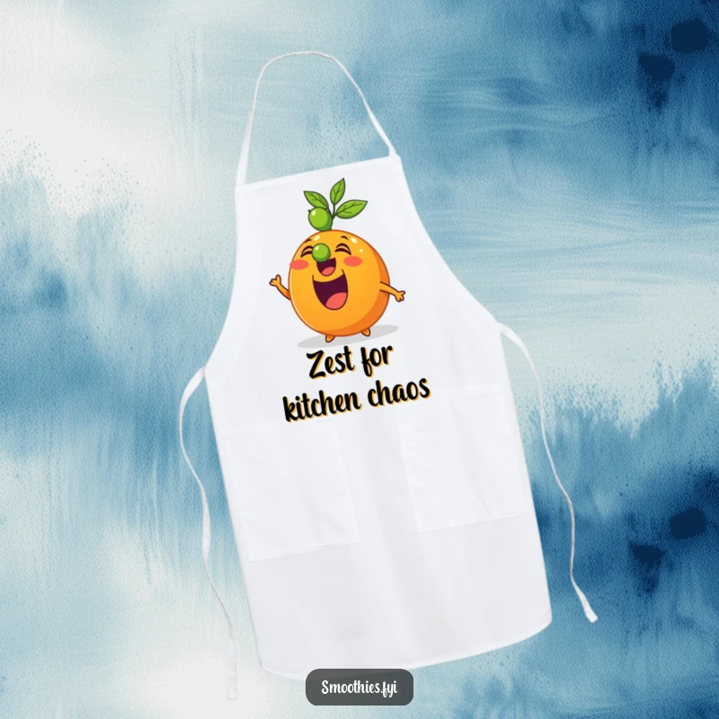 Funny apron with an excited orange character demonstrating impressive balance skills with a lime on its nose.