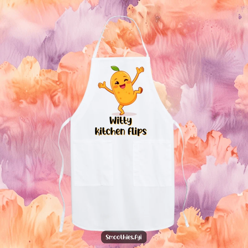 Funny kitchen apron featuring a cheerful anthropomorphic orange smoothie doing cartwheels with a wink, perfect for energetic and fun cooking.