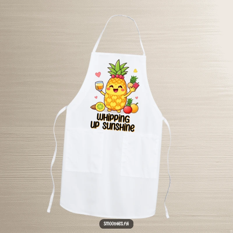 Funny jolly pineapple character blending colorful fruits with a smile, on a kitchen apron.