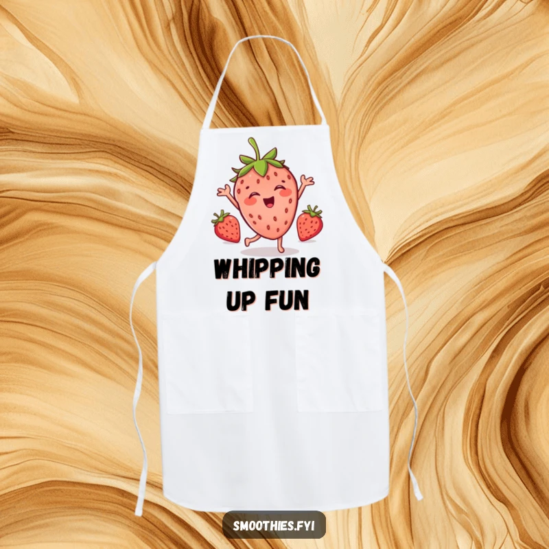 Funny apron featuring a joyful strawberry character in a silly dance pose, ready to add humor to cooking.