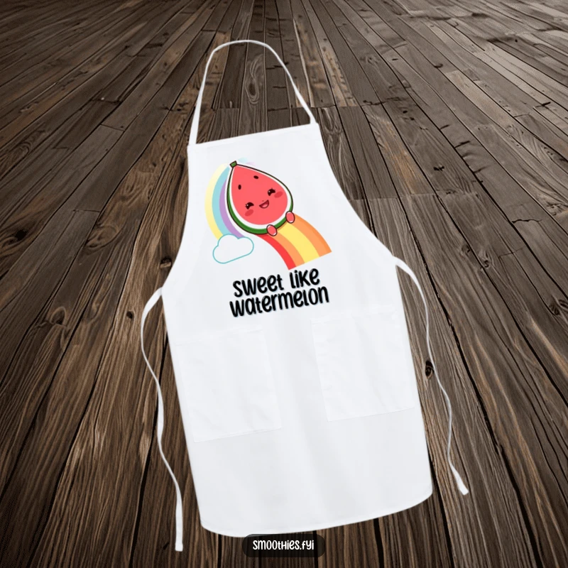 Funny grinning watermelon character apron sliding down a rainbow, humorous and practical kitchen wear.