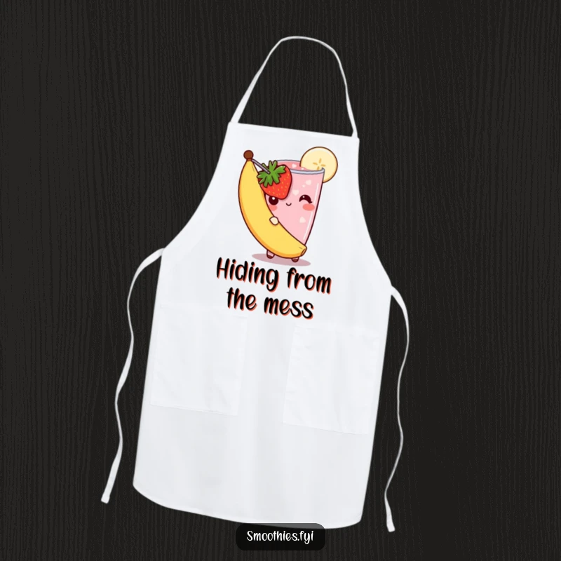 Funny shy smoothie apron featuring a strawberry smoothie peeking bashfully from behind a banana slice, ready to add sweet charm to cooking.