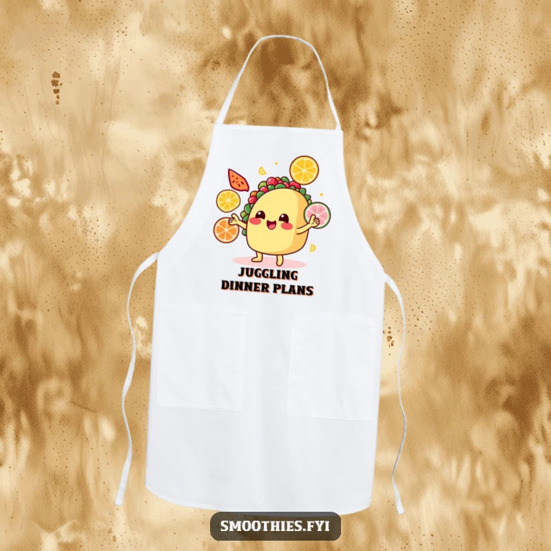Funny Apron: A smiling taco juggles colorful fruit slices, designed for kitchen fun and culinary flair.