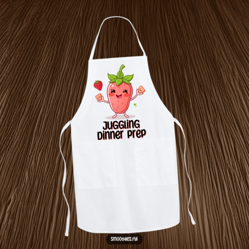 Funny kitchen apron featuring a smiling anthropomorphic strawberry smoothie juggling fruit, perfect for a fun and messy cooking experience.