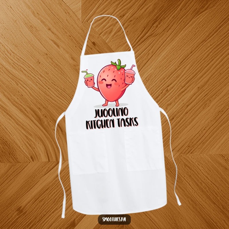 Funny Strawberry character juggling tiny smiling smoothie cups, designed for a functional and funny kitchen apron.