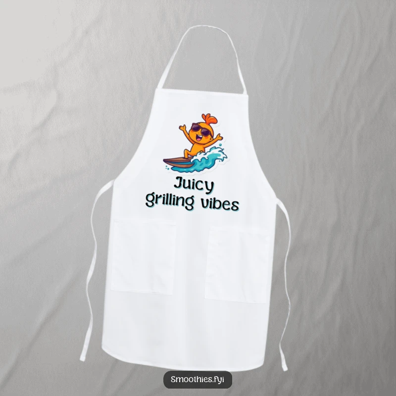 Funny orange character in sunglasses surfing a wave on a kitchen apron, adding a cool, humorous touch.