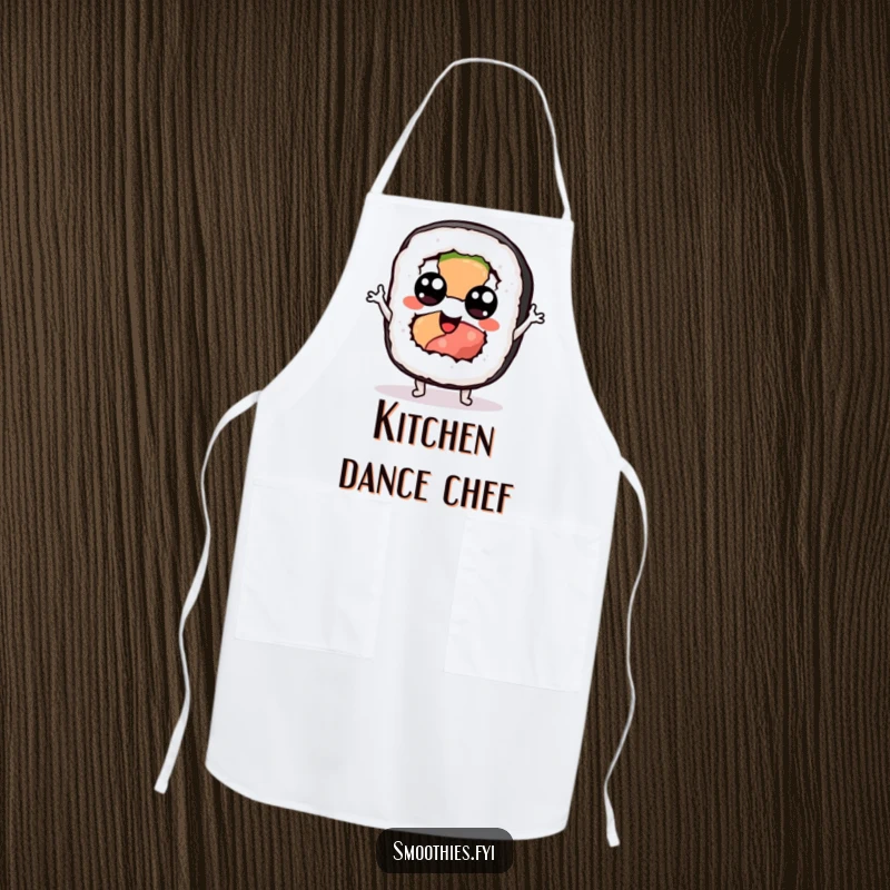 Funny sushi apron for cooking, featuring a googly-eyed sushi roll character doing a silly jig, great for kitchen fun.