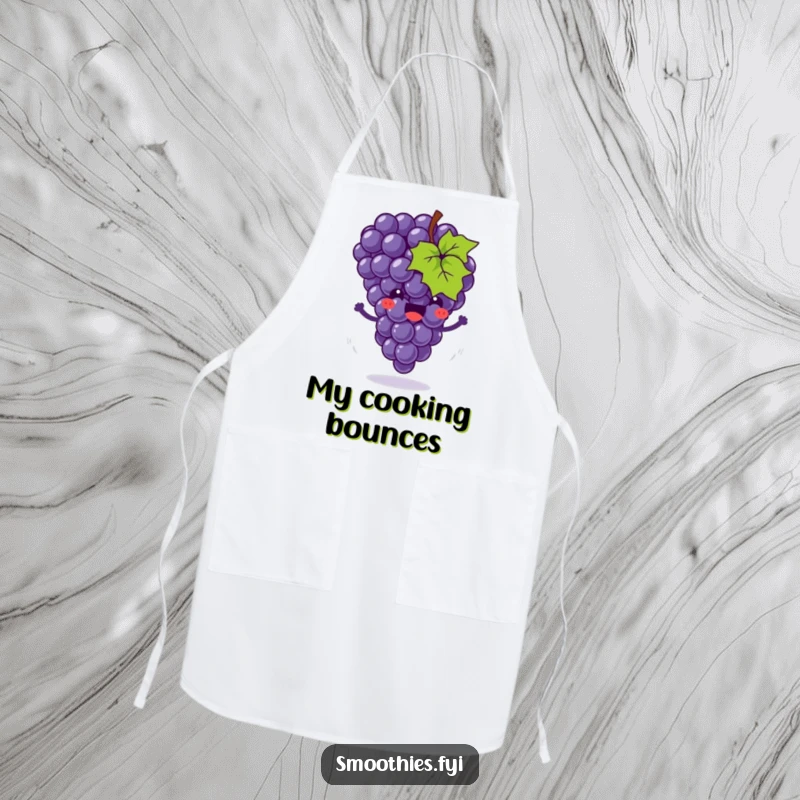 Funny apron showcasing a joyful grape cluster bouncing with little motion swirls, practical kitchen wear with a humorous design.